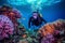 diver in beautiful coral reef and small fish ai generated