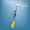 Diver with bubbles and sunrays against surface, Vector flat extreme sport concept and cartoon design