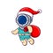 The diver is carrying a gift inside a big sack while wearing santa hat