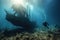 A diver explore a ship wreck underwater at the bottom of the sea.