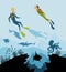 Diver explorers and reef underwater wildlife. Silhouette of coral reef with fish and scuba diver on a blue sea