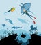 Diver explorers and reef underwater wildlife. Silhouette of coral reef with fish and scuba diver on a blue sea
