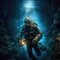 Diver explores the cracks, Crevices and holes in a coral reef in a deep ocean cavern