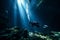 Diver explores dark underwater cave, revealing a hidden subterranean world