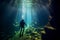 Diver explores Yucatan cenote cave with dark, stalactite filled landscape underwater