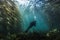 diver exploring kelp forest, with schools of fish swimming overhead