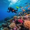 A diver exploring a vibrant coral reef with a school of colorful fish swimming around them