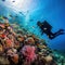 A diver exploring a vibrant coral reef with a school of colorful fish swimming around them