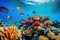 A diver exploring a vibrant coral reef with a school of colorful fish swimming around them