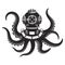 Diver helmet with octopus tentacles isolated on white background. Design elements for poster, t-shirt.