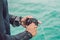 Diver prepares his equipment for diving in the sea