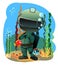 Diver in retro scuba gear surrounded by fish and algae. Guy in underwater suit bottom pond. Funny cartoon. Isolated on