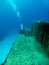 Diver swimming along side a Sunken Shipwreck