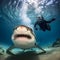 Diver Swimming Close to a Shark in Crystal Clear Waters