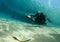 Diver on underwater scooter with sting ray