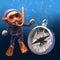 Diver wearing scuba snorkel equipment watching a magnetic compass sink in the water, 3d illustration