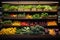 A diverse assortment of fresh produce fills a display in a bustling grocery store, A vibrant display of organic produce at a