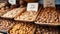 Diverse Assortment of Nuts at a Rustic Market Stall