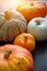 Diverse assortment of pumpkins, close up. Thanksgiving day, autumn harvest. Healthy vegetarian food