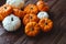 Diverse assortment of pumpkins on a wooden background.