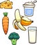 Diverse cartoon fruits, vegetables and dairy products