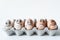 Diverse chicken eggs with doodle faces wearing medical masks with white background