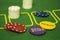 Diverse colorful chips for carding games and gamble with two medals writed `Small Blind` and `Big Blind` useful for Texas Hold`em