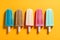 diverse Colorful ice cream popsicle bright yellow background. Pop art minimal flat lay style design ai generated art