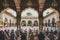 A diverse crowd of individuals gathered inside a spacious building, all seated together, A mosque\\\'s courtyard filled with