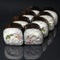 Diverse delicious sushi roll set on a black background with reflection, menu