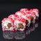 Diverse delicious sushi roll set on a black background with reflection, menu