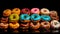 Diverse Delights: Assorted Multicolored Donuts on a Dark Background