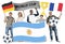 Diverse football fans holding the flags of Argentina, Germany and France