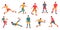 Diverse football players. Cartoon diverse male characters playing football, male athletes in colorful sportswear. Vector