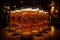 Diverse friends joyfully savoring beers at brewery pub happy hour at bar table with brew glasses