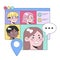 Diverse group of friends engages in an online chat platform. Flat vector illustration.