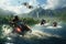 A diverse group of individuals enjoying a ride together on the back of a motorcycle., A squad of jet-skies zipping across a