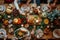 A diverse group of individuals gathered around a table, enjoying a meal together, A gathering of family members for a holiday