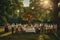 A diverse group of individuals gathered around a table for a meeting or discussion, A large family reunion in a verdant, outdoor