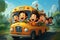 A diverse group of individuals sitting on the back of a yellow school bus while in motion, Cartoon-style school bus with happy