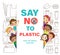 Diverse Group Of Kids with Say no to plastic sign on white background. save the world campaign. plastic packaging line icons style