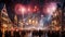 A diverse group of people standing on top of a city street, enjoying the panoramic view, A festive city center decorated for New