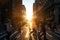 Diverse group of people walking across the crowded intersection at 23rd Street and 5th Avenue in New York City with light of