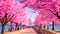 A diverse group of people walking together on the sidewalk alongside a beautiful body of water, Cherry blossom festival in