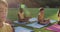 Diverse group of schoolchildren sitting on mats meditating during yoga lesson outdoors