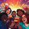 Diverse Group Toasting with Colorful Lights in Cartoon Art Style