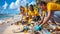 Diverse group of volunteers cleaning sandy beach littered with plastic waste under sunny sky