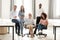 Diverse happy staff employees group posing for portrait in office