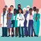 Diverse healthcare professionals stand together