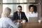 Diverse hr managers listening to mature businesswoman job applicant